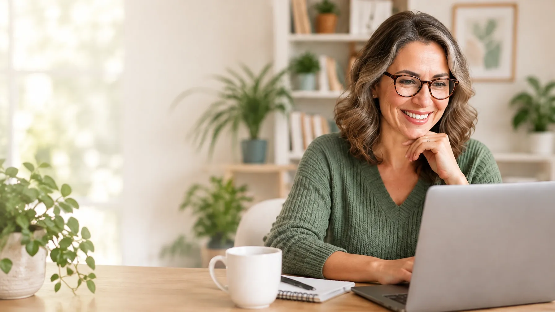 A midlife woman joining a virtual learning session from home